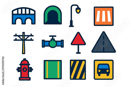 Urban Infrastructure Icons. Flat vector icons of urban infrastructure: bridge, tunnel, streetlight, crosswalk, power line, water