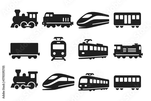 Train Icons Compilation. Solid style icons of trains and locomotives: classic train engine, modern locomotive, bullet train,