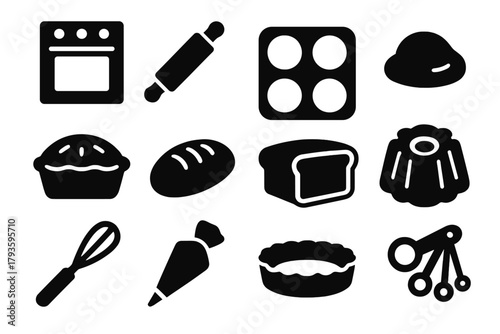 Baking Tool Icons. Solid style icons of Baking: oven, rolling pin, cupcake tray, dough ball, pie dish, bread loaf, cookie sheet,
