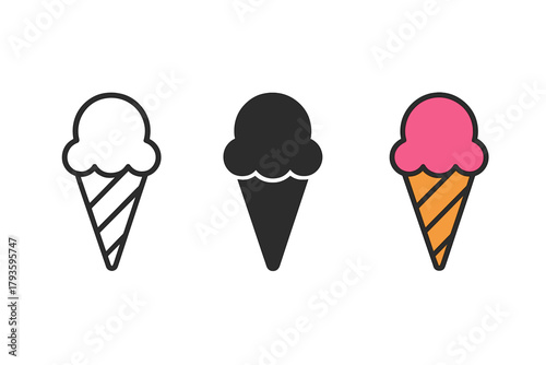 Minimalist Ice Cream Icons. Minimalist ice cream cone icon: three identical cones with one scoop of ice cream on top in a row,
