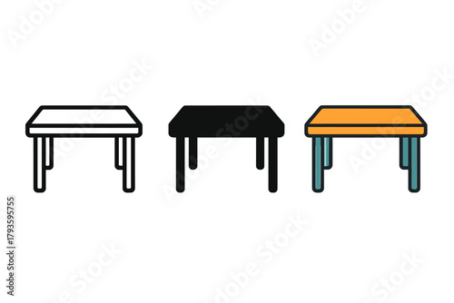 Minimalist Table Trio. Minimalist table icon: three identical rectangular tables in a row, first in line style with thin outline,