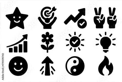 Positive Outcome Icons. Solid style icons of Positive outcomes: smiling star, goal achieved, rising arrow with check, victory