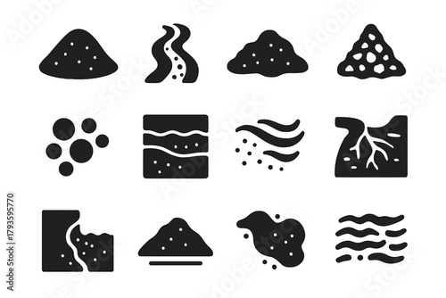 Sediment Flow Icons. Solid style icons of Sediment Flow: sandy deposit, muddy stream, silt bed, gravel mound, clay particles,