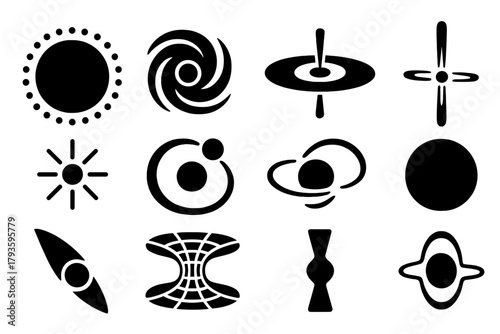 Black Hole Icons. Solid style icons of Black Holes: event horizon, gravitational swirl, accretion disk, spaghettified object,