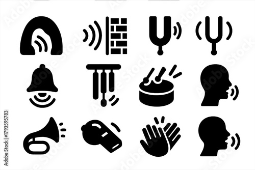 Acoustic Elements Icons. Solid style icons of Acoustic elements: echo cave, sound reflection, soundproof wall, tuning fork, bell