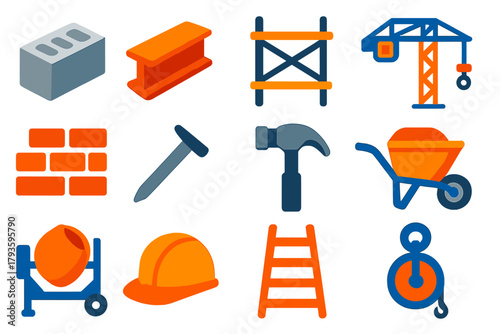 Construction Icon Set. Flat vector icons of construction elements: concrete block, steel beam, scaffold, crane, brick wall, nail,
