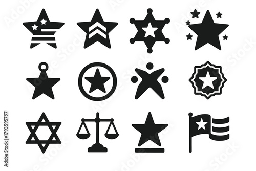 Solid Symbolic Stars. Solid style icons of symbolic stars: patriotic star, military rank, sheriff badge, festive star, star-shaped