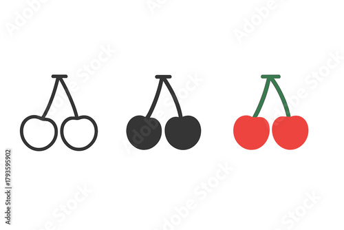 Minimalist Cherry Icons. Minimalist cherry fruit icon: three identical cherries with stems joined together in a row, first in line