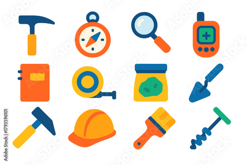 Geological Tools Icons. Flat vector icons of geological tools: rock hammer, compass, hand lens, GPS device, field notebook,