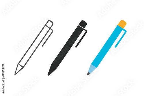 Minimalist Pen Icons. Minimalist pen office icon: three identical ballpoint pens in diagonal position in a row, first in line
