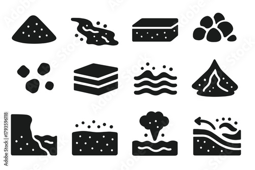 Sediment Flow Icons. Solid style icons of Sediment Flow: sandy deposit, muddy stream, silt bed, gravel mound, clay particles,