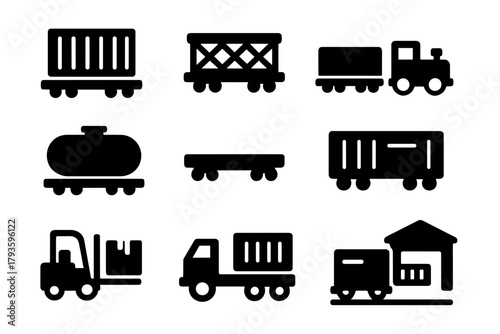 Freight Train Icons. Solid style icons of freight and cargo trains: cargo container icon, freight wagon, goods train icon, tank
