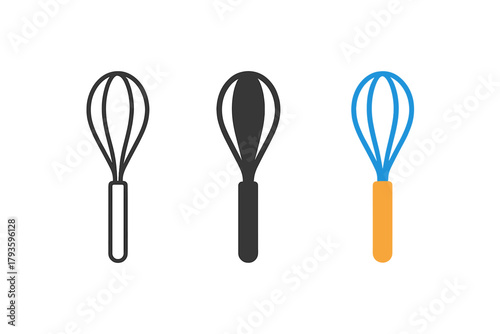 Triple Whisk Icon. Minimalist whisk cooking icon: three identical balloon whisks with long handles in a row, first in line style