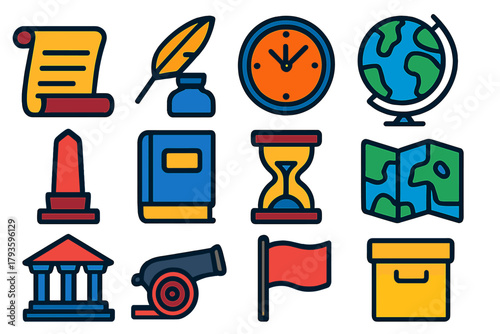 Historical Icons Set. Flat vector icons of history: ancient scroll, quill pen, clock, globe, monument, historical book, hourglass,