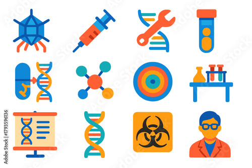 Gene Therapy Icons. Flat vector icons of gene therapy: viral vector, injection syringe, DNA repair icon, patient vial, gene