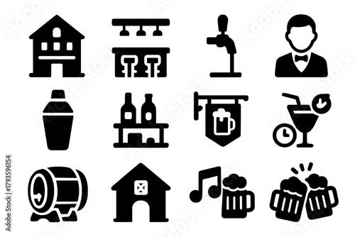 Solid Style Pub Icons. Solid style icons of Bars and pubs: pub building, bar counter, beer tap, bartender icon, cocktail shaker,