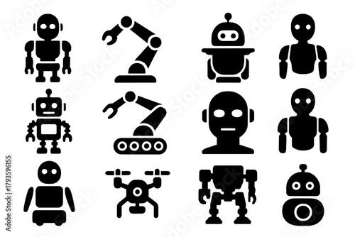 Solid Robot Icons. Solid style icons of Robots: humanoid robot, robotic arm, service robot, cleaning bot, toy robot, industrial