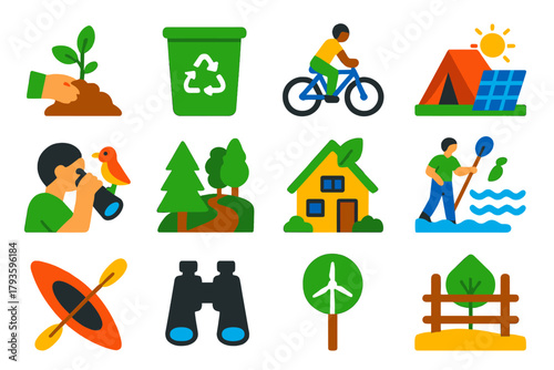 Eco-Tourism Icons. Flat vector icons of eco-tourism: tree planting, recycling bin, bicycle tour, solar campsite, wildlife