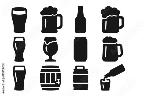 Beer Icons Collection. Solid style icons of Beer: pint glass, beer mug, beer bottle, foamy mug, tall glass, craft beer, beer can,