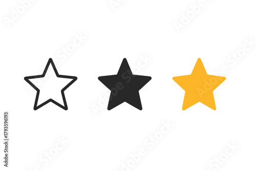 Minimalist Star Icon. Minimalist star icon: three identical five-pointed stars in a row, first in line style with thin outline,