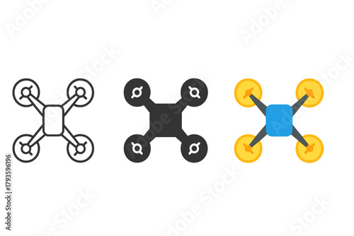 Minimalist Drone Icons. Minimalist drone air transport icon: three identical quadcopter drones with four propellers in a row,