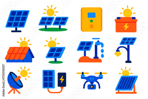 Bright Solar Energy Icons. Flat vector icons of solar energy: photovoltaic panel, solar farm, solar inverter, solar battery, solar