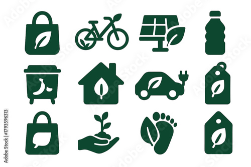 Green Lifestyle Icons. Solid style icons of green lifestyle: reusable bag with leaf, bicycle with leaves, solar panel with leaf,
