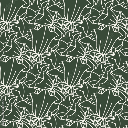 Seamless pattern with green and white canary islands flowers bellflower. Monochrome hand drawn floral wallpaper