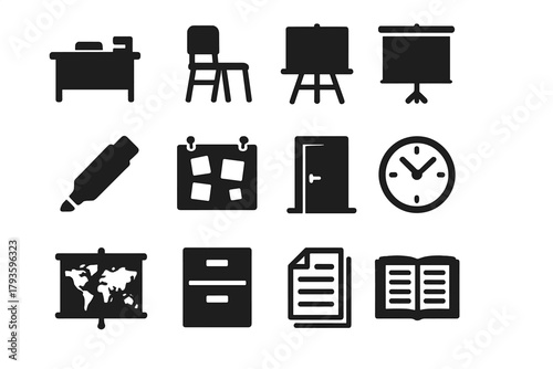 Classroom Icons Collection. Solid style icons of Classroom items: teacher desk, student chair, blackboard with stand, projector