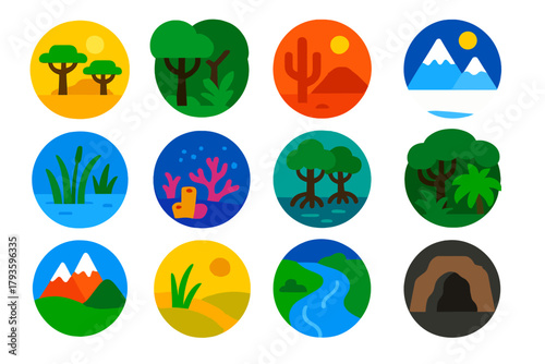 Wildlife Habitat Icons. Flat vector icons of wildlife habitats: savannah, rainforest, desert, tundra, wetland, coral reef,