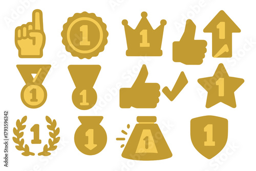 Iconic Number One Symbols. Solid style icons of Number one symbols: foam finger, golden badge 1, first crown, success arrow with 1