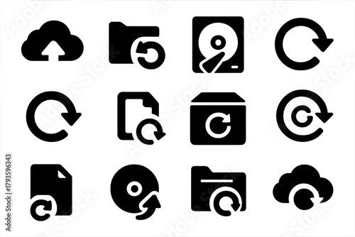 Backup Restore Icons. Solid style icons of backup and restore: cloud restore, folder refresh, data recovery icon, backup sync,