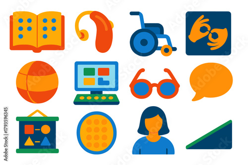 Special Education Icons. Flat vector icons of special education: braille book, hearing aid, wheelchair, sign language icon,