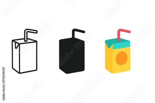 Stylish Juice Box Trio. Minimalist juice box icon: three identical juice boxes with straws in a row, first in line style with thin