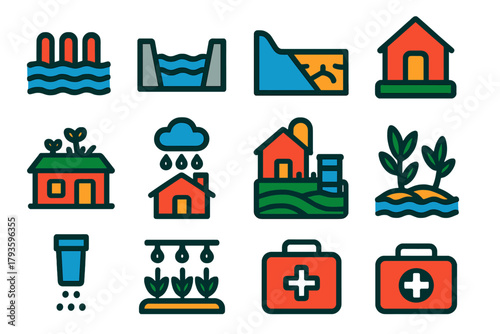 Adaptation Strategy Icons. Flat vector icons of adaptation strategies: flood barrier, seawall, drought reservoir, storm shelter,