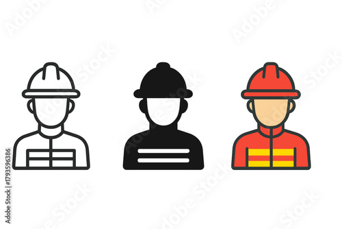 Minimalist Firefighter Icons. Minimalist firefighter profession icon: three identical firefighters with helmets in a row, first in