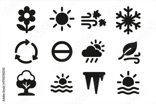 Seasonal Weather Icons. Solid style icons of seasonal weather: spring flower with sun, summer heat icon, autumn wind icon, winter