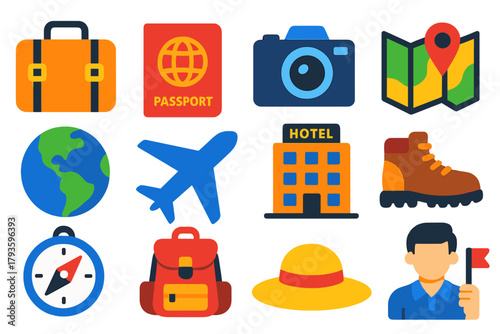 Vibrant Travel Icons. Flat vector icons of tourism: suitcase, passport, camera, map, globe, airplane, hotel, hiking boots, compass