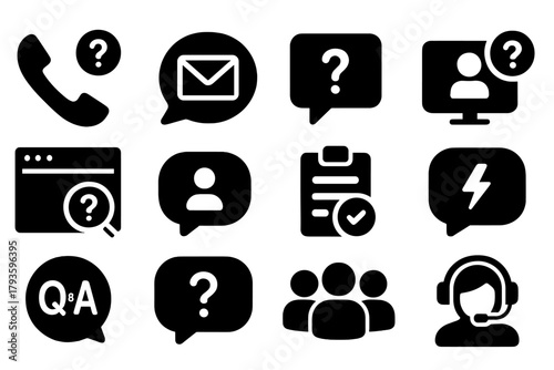 Communication Help Icons. Solid style icons of Communication help: phone with question, email bubble, chat box with ?, video call