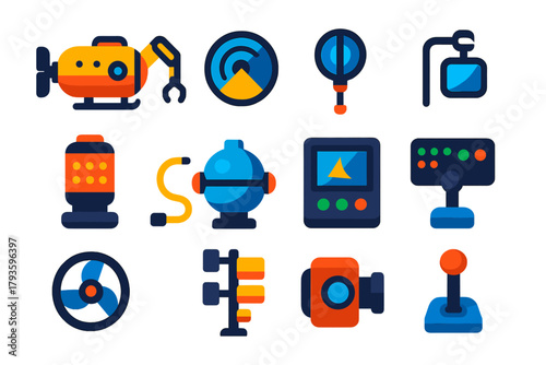 Deep-Sea Tech Icons. Flat vector icons of deep-sea technology: submersible, robotic arm, sonar scanner, manipulator claw, LED