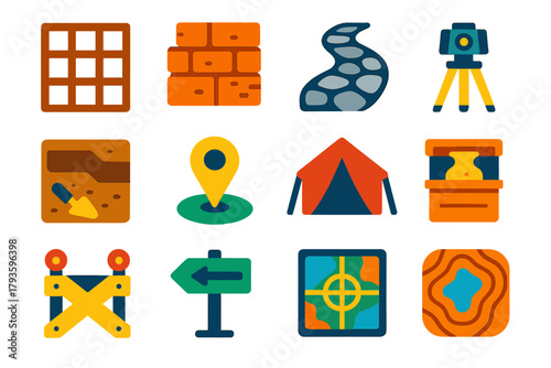 Archaeological Site Icons. Flat vector icons of archaeological sites: dig grid, ancient wall, stone path, excavation trench, site