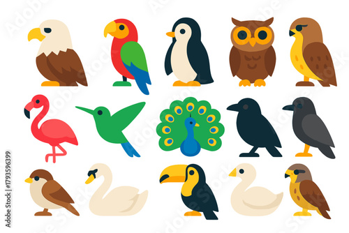 Colorful Bird Icons. Flat vector icons of birds: eagle, parrot, penguin, owl, flamingo, hummingbird, peacock, crow, sparrow, swan,
