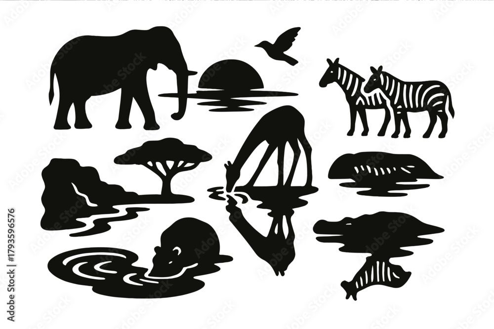 Fototapeta premium African Watering Hole Icons. Solid style icons of Watering Hole: African watering spot, elephant silhouette, sunset horizon,