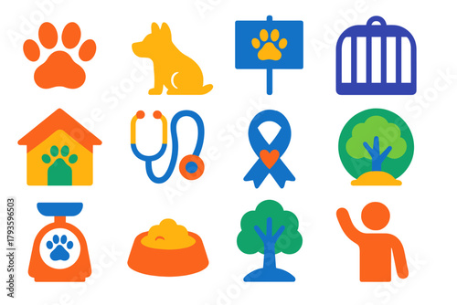 Animal Rights Icons. Flat vector icons of animal rights: paw print, animal silhouette, protest sign, cage, sanctuary, veterinary