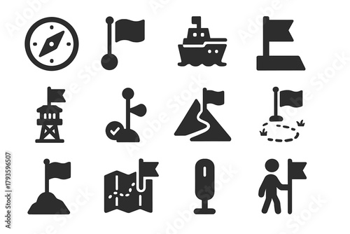 Travel Icon Set. Solid style icons of Navigation and travel: compass flag, route start marker, ship ensign, port flag, air control