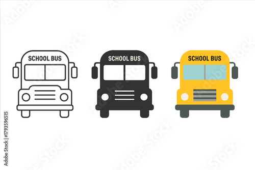 Minimalist Bus Trio. Minimalist school bus icon: three identical buses in front view in a row, first in line style with thin