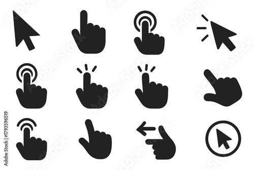 Pointer Gesture Icons. Solid style icons of Pointers: mouse pointer hand, finger pointer, tapping finger, pointing cursor,