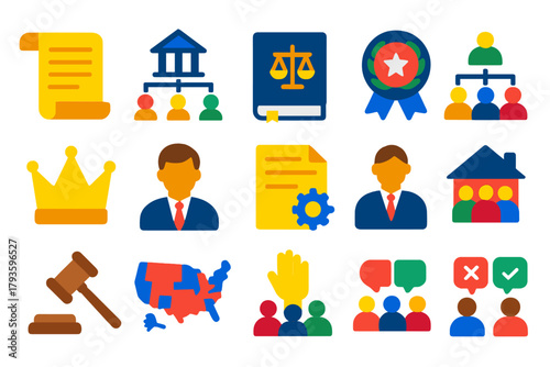 Political System Icons. Flat vector icons of political systems: constitution scroll, government hierarchy, law book, civic emblem,