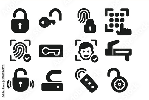 Unlock Mechanism Icons. Solid style icons of unlock mechanisms: open padlock, key turning in lock, biometric unlock, digital code
