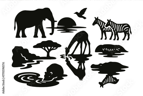 African Watering Hole Icons. Solid style icons of Watering Hole: African watering spot, elephant silhouette, sunset horizon,